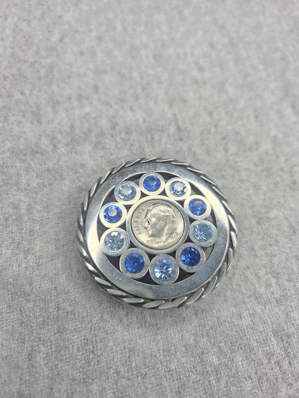 Handcrafted Roosevelt Dime Belt Buckle Blue Rhinestone Coin Stainless Artisan